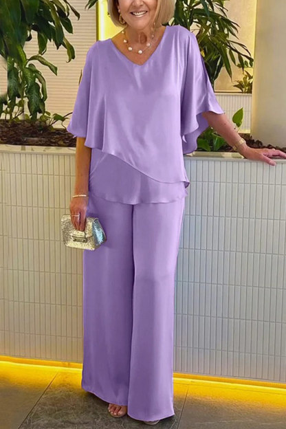 V Neck Double Layer Hem Tunic Pantsuit