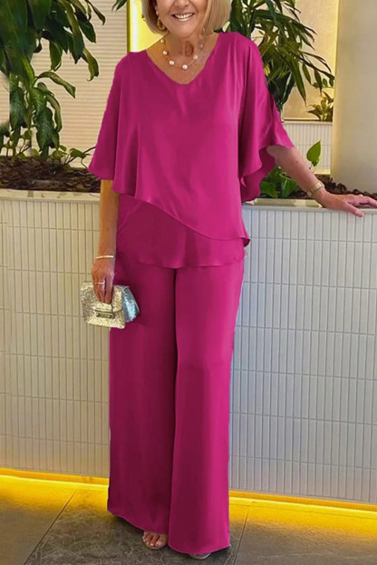 V Neck Double Layer Hem Tunic Pantsuit