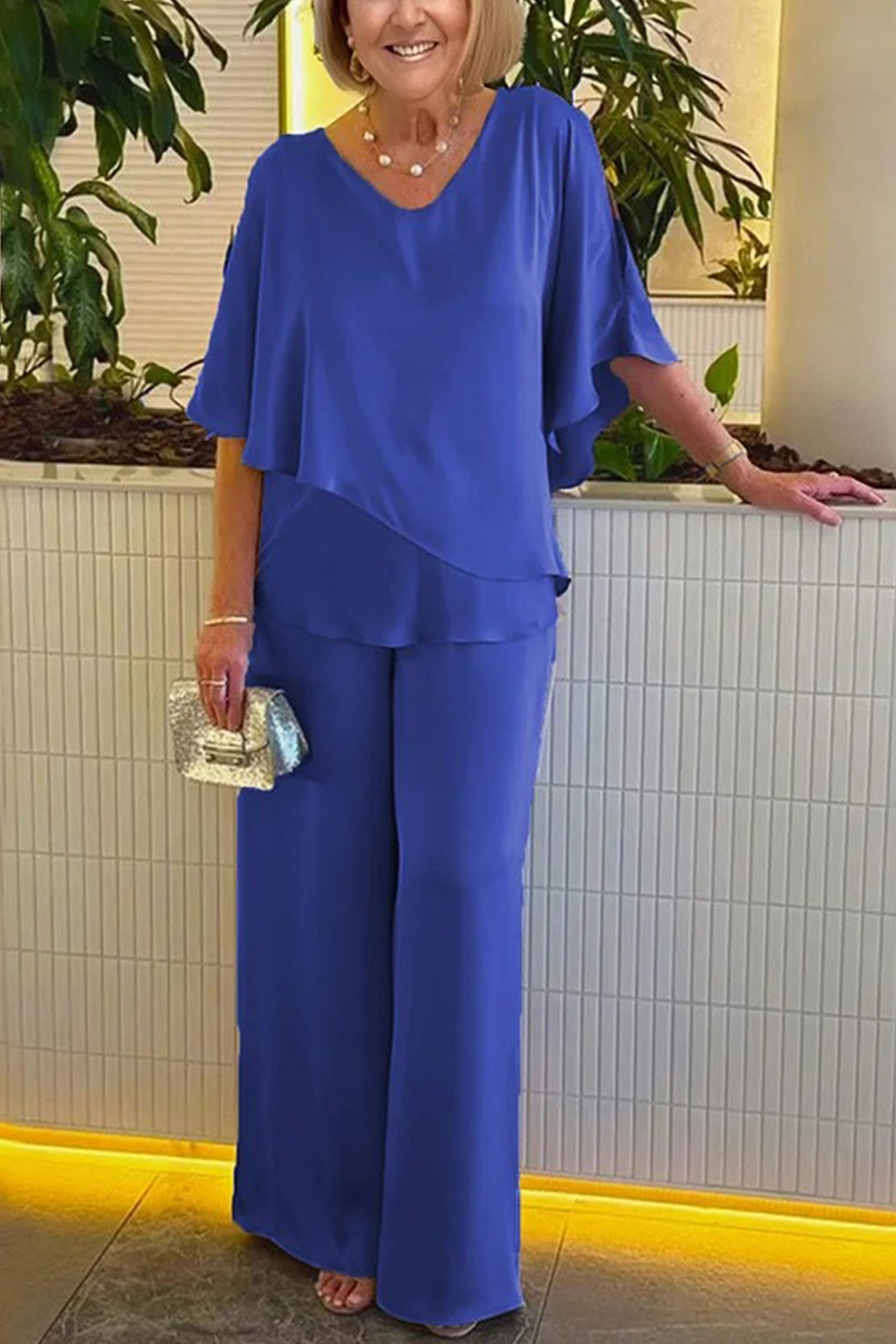 V Neck Double Layer Hem Tunic Pantsuit