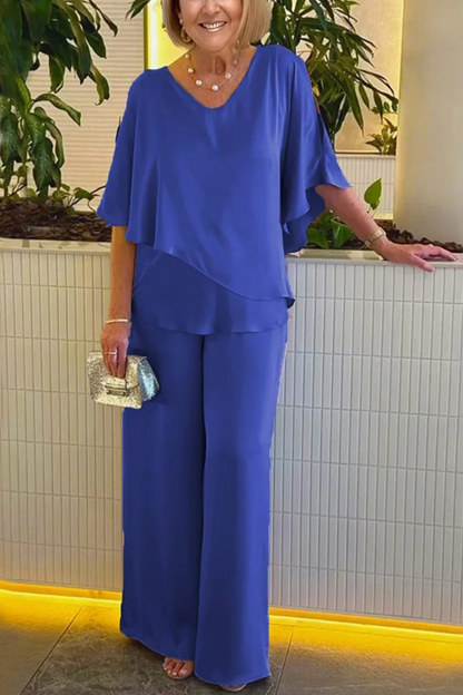 V Neck Double Layer Hem Tunic Pantsuit