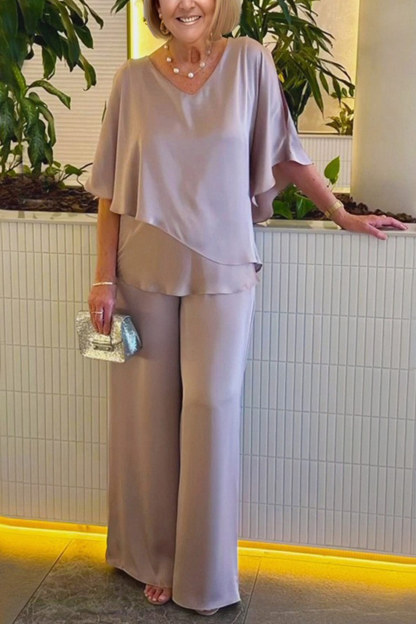 V Neck Double Layer Hem Tunic Pantsuit