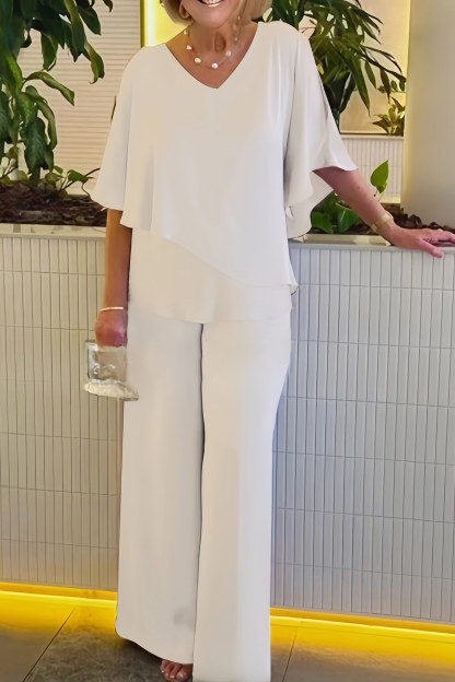 V Neck Double Layer Hem Tunic Pantsuit