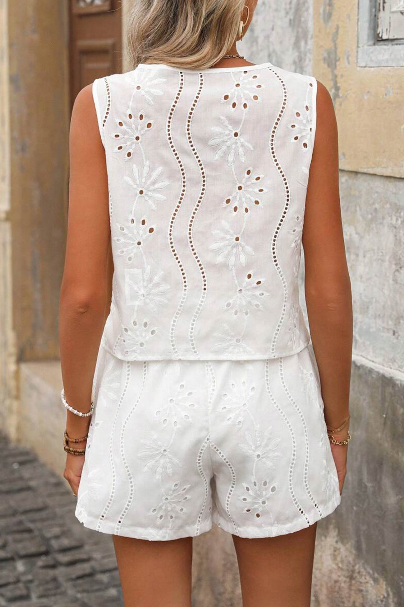 V Neck Embroidery Hollow Out Vest Set