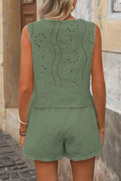 V Neck Embroidery Hollow Out Vest Set