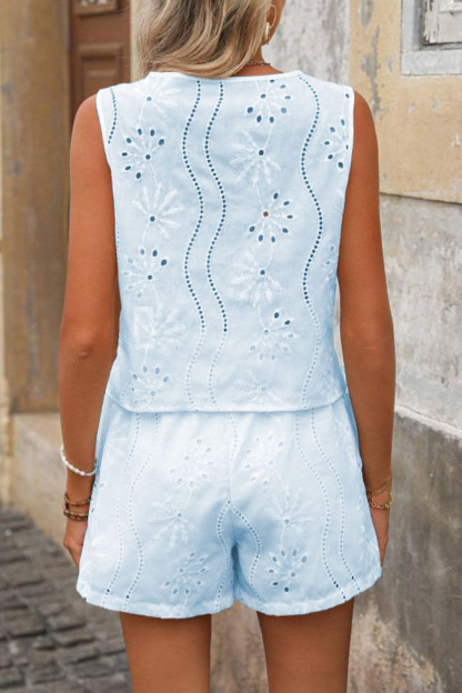 V Neck Embroidery Hollow Out Vest Set