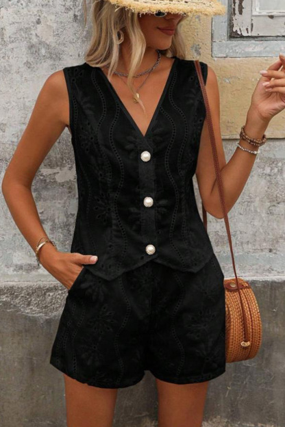 V Neck Embroidery Hollow Out Vest Set