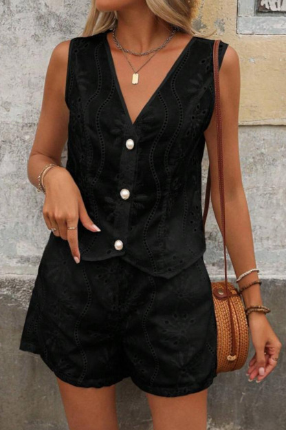 V Neck Embroidery Hollow Out Vest Set