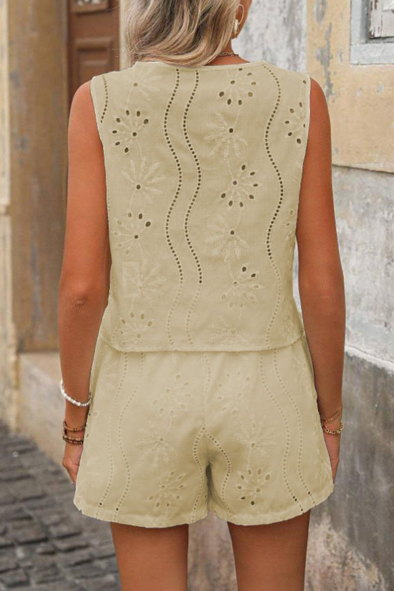 V Neck Embroidery Hollow Out Vest Set