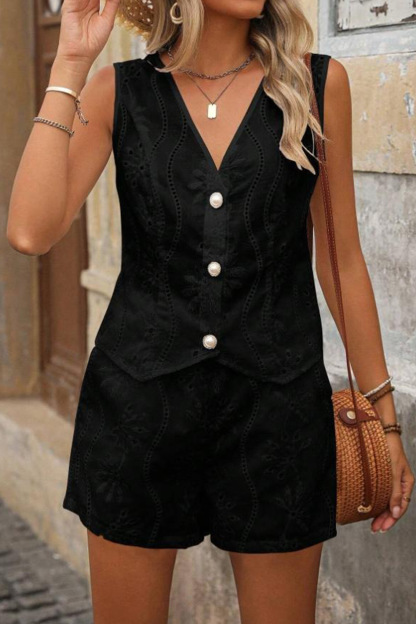 V Neck Embroidery Hollow Out Vest Set