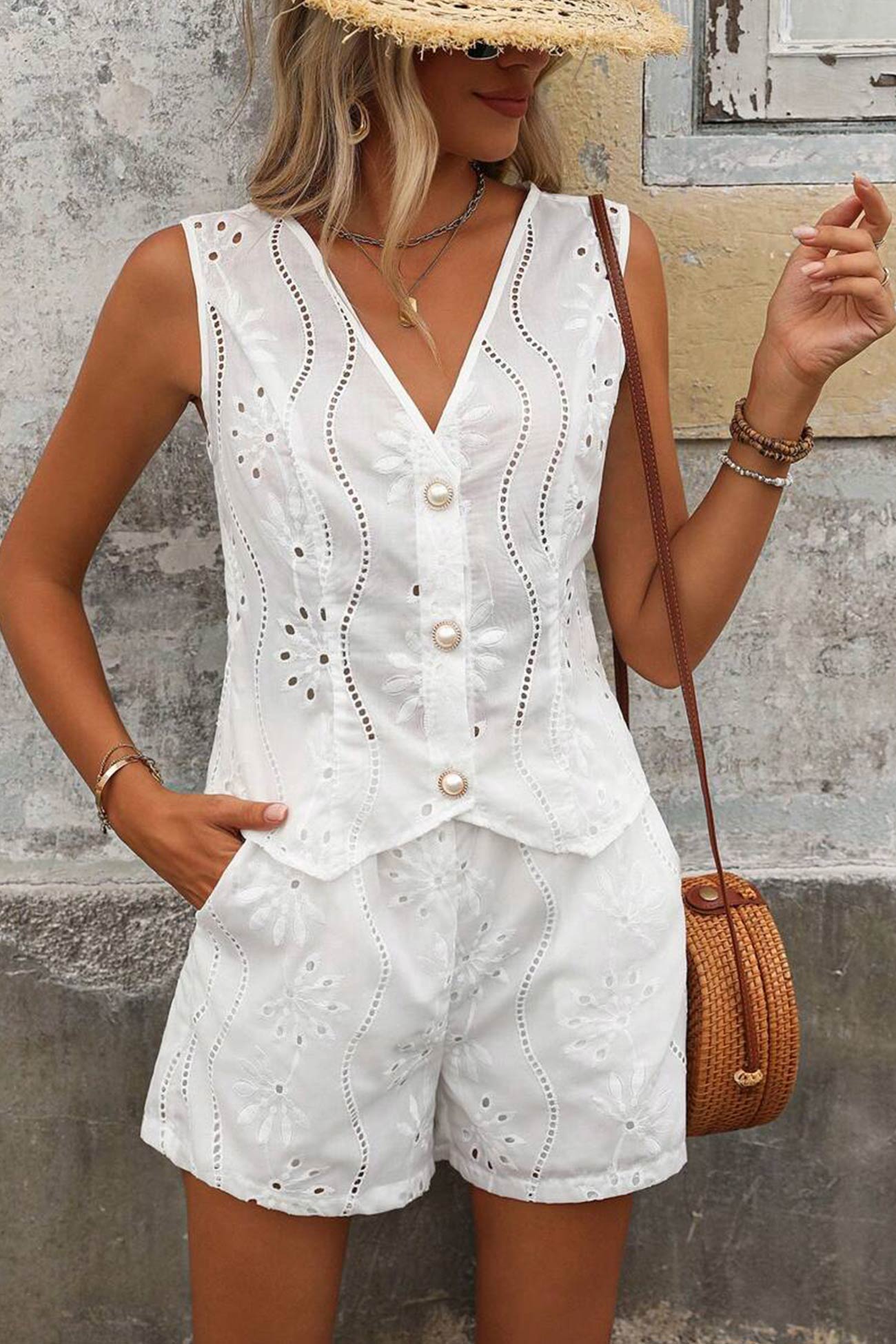 V Neck Embroidery Hollow Out Vest Set