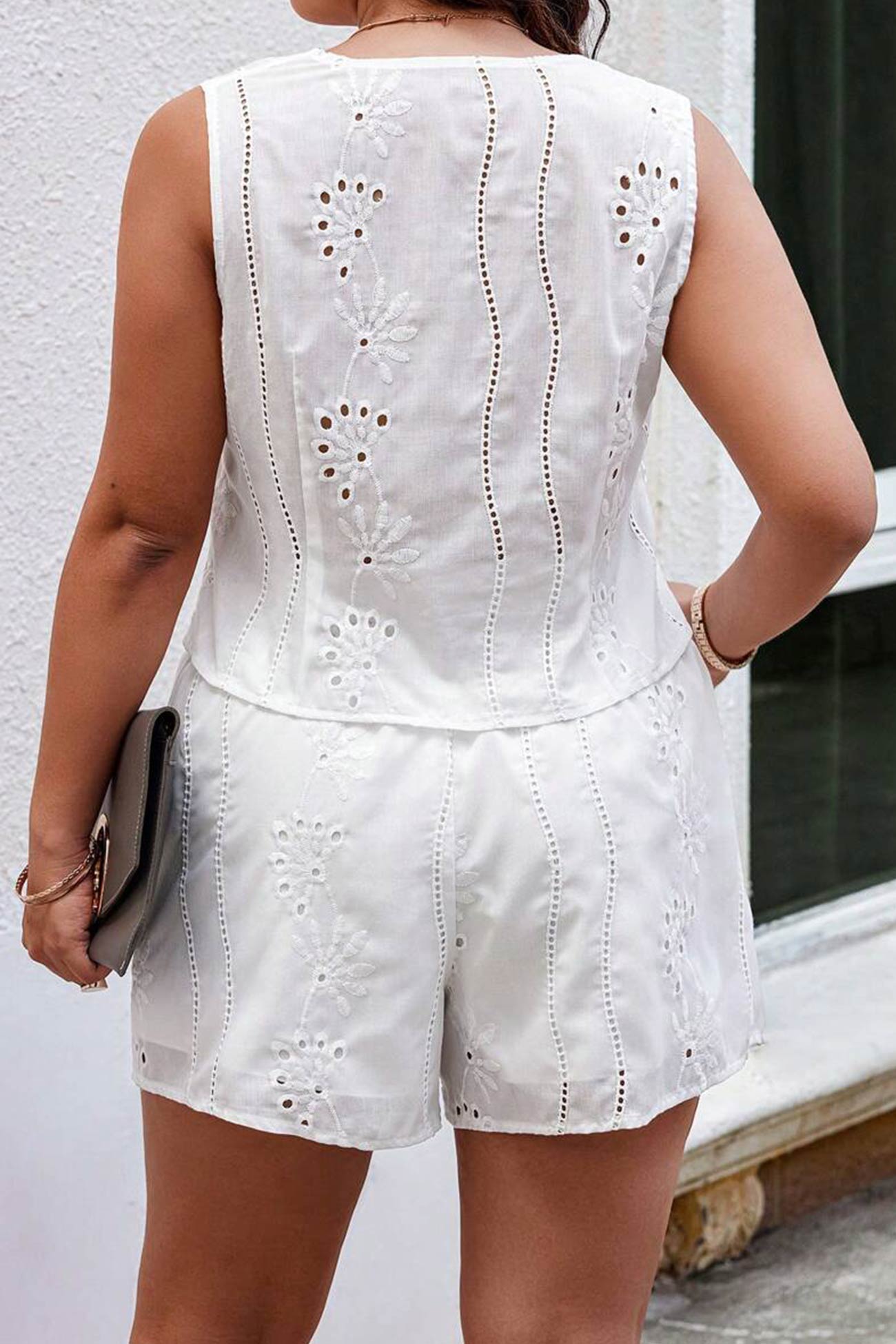 V Neck Embroidery Hollow Out Vest Set
