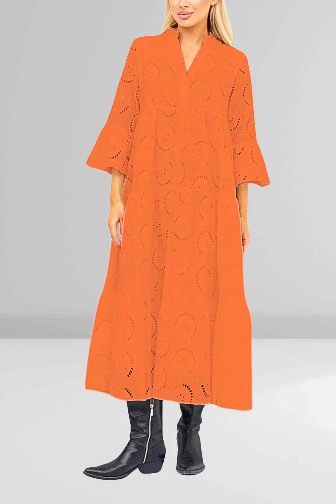 V Neck Flares Sleeve Embroidery Cotton Dress