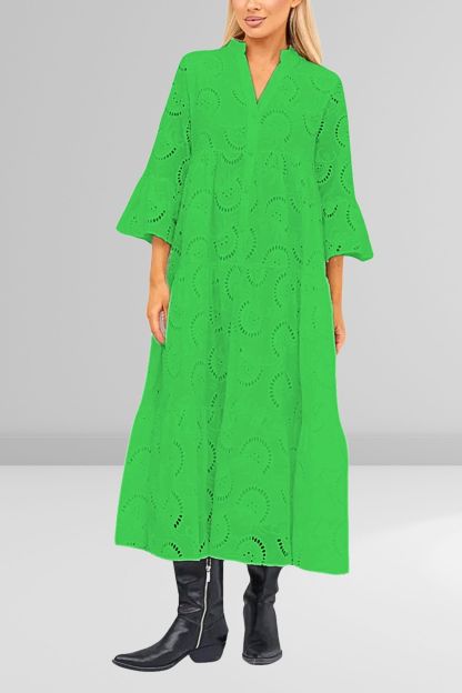 V Neck Flares Sleeve Embroidery Cotton Dress