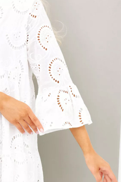 V Neck Flares Sleeve Embroidery Cotton Dress