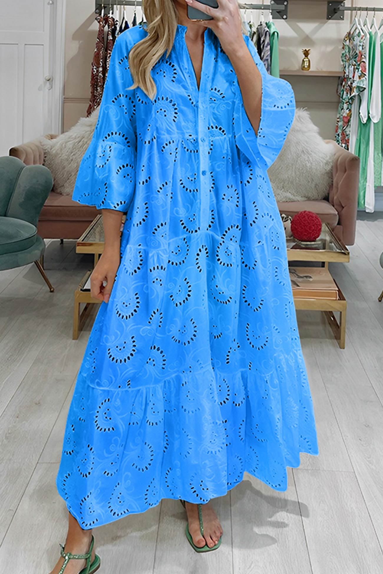 V Neck Flares Sleeve Embroidery Cotton Dress