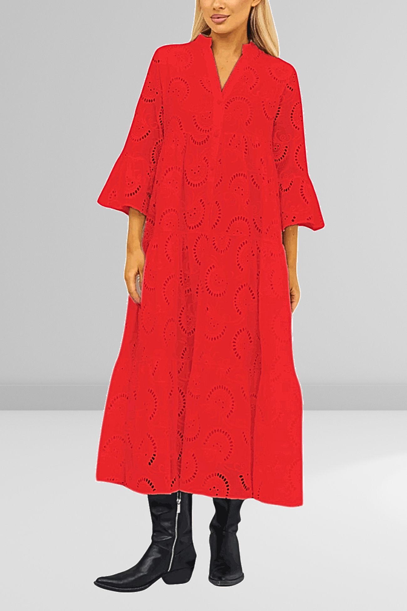 V Neck Flares Sleeve Embroidery Cotton Dress