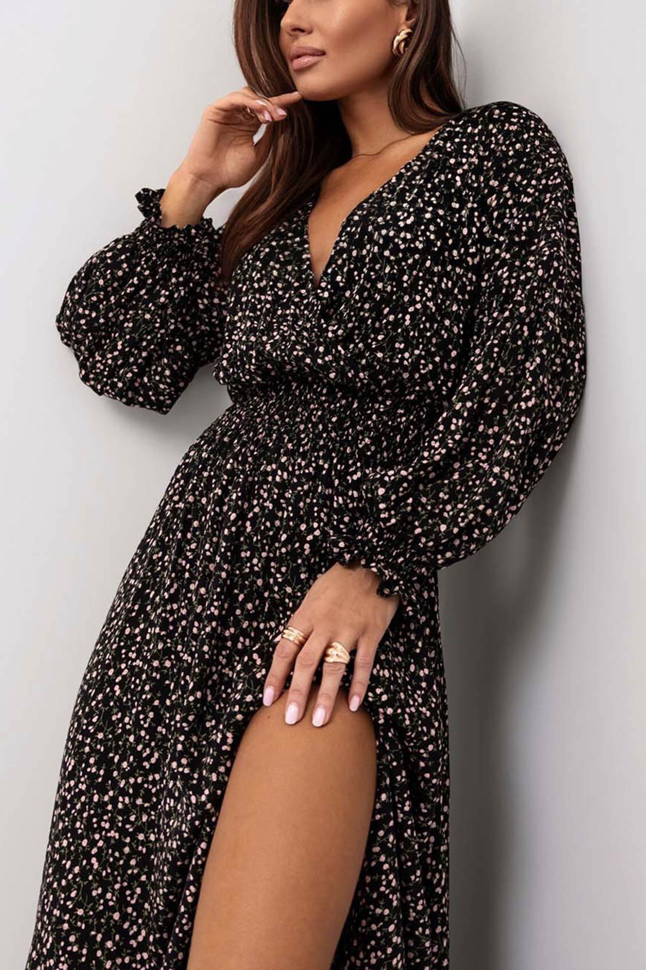 V Neck Floral Print Puff Sleeve Slit Dress