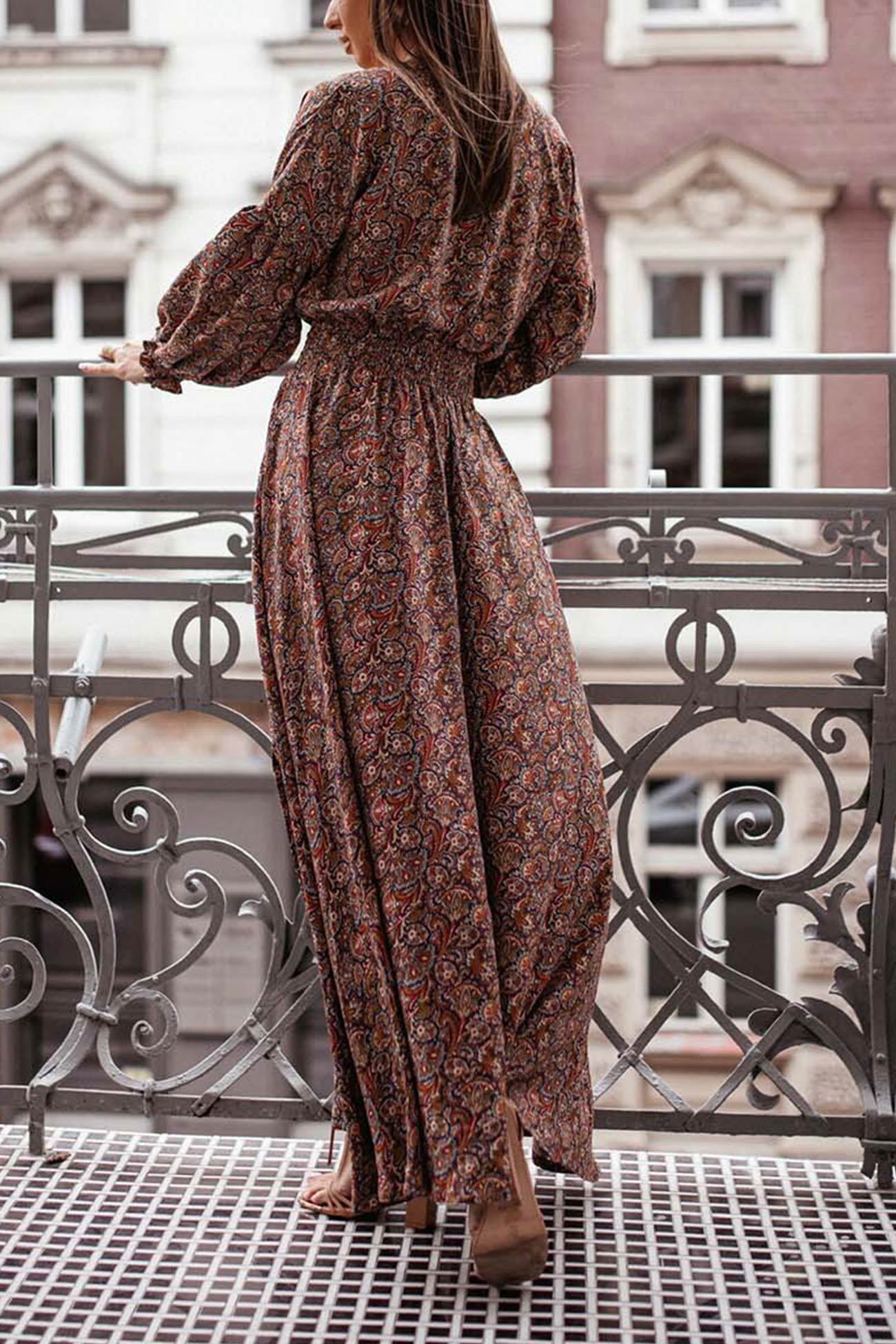 V Neck Floral Print Puff Sleeve Slit Dress