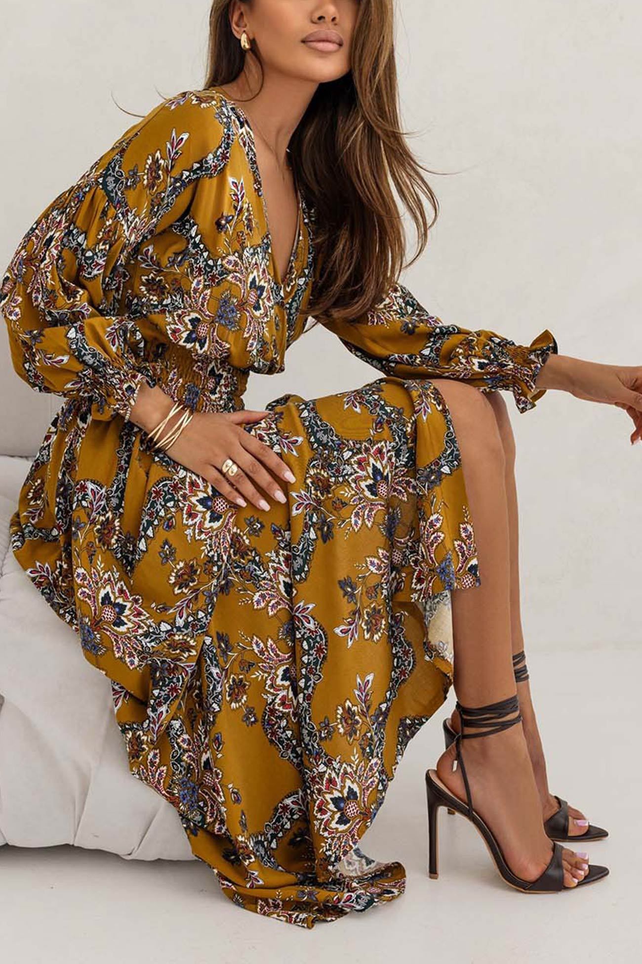 V Neck Floral Print Puff Sleeve Slit Dress