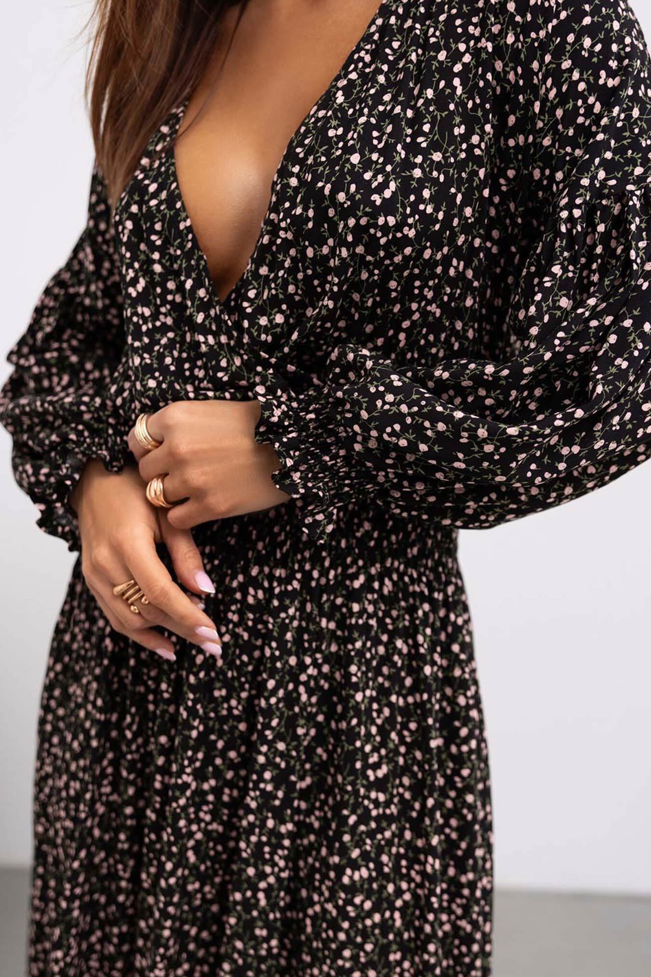 V Neck Floral Print Puff Sleeve Slit Dress