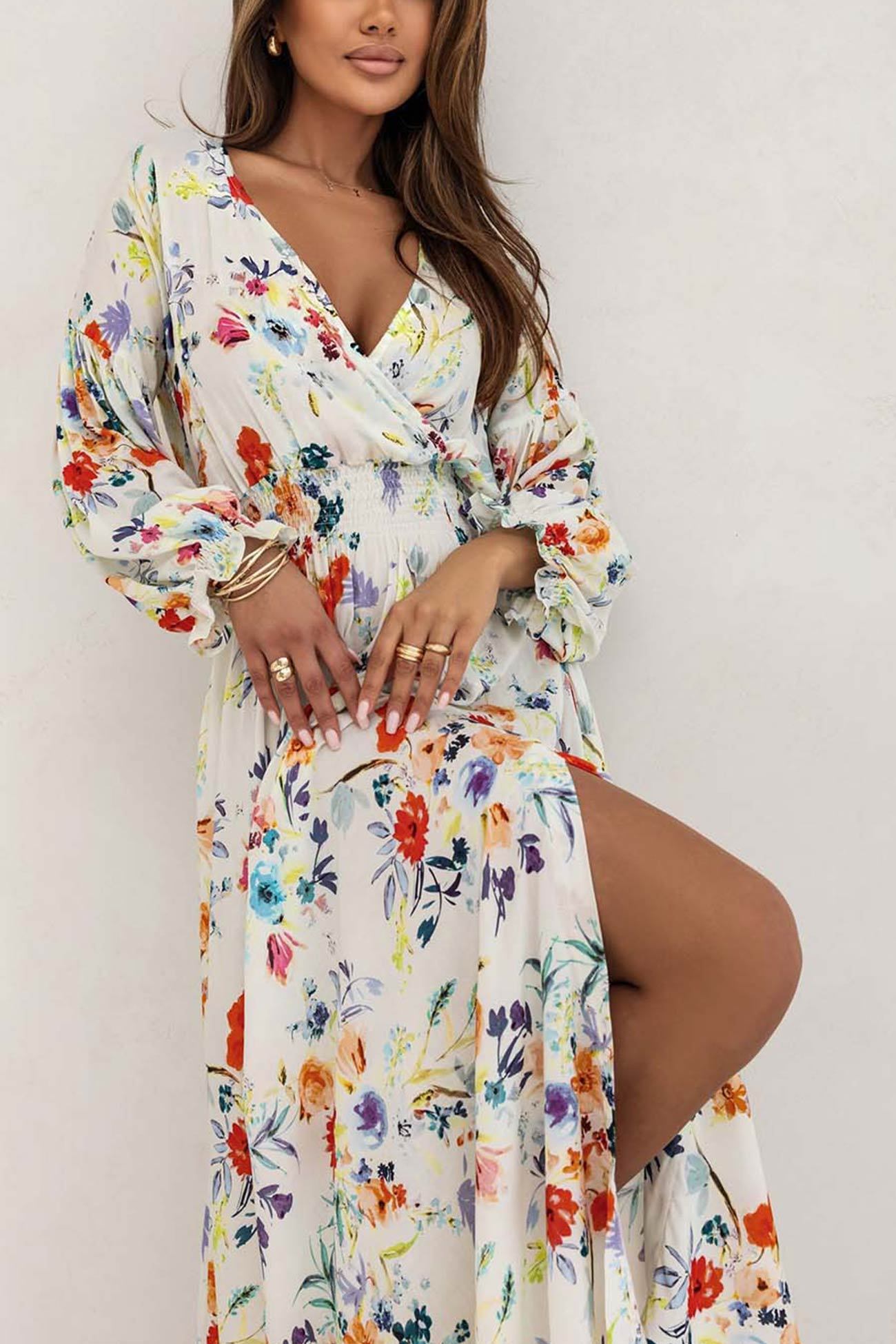 V Neck Floral Print Puff Sleeve Slit Dress