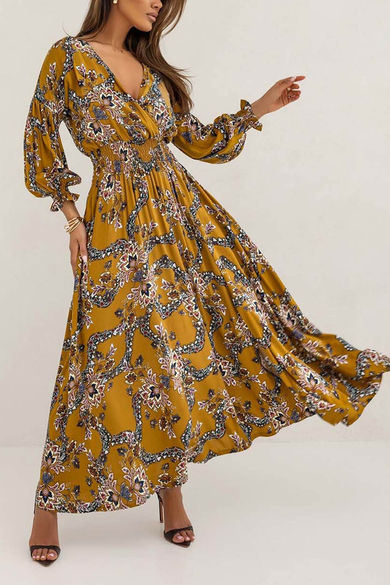 V Neck Floral Print Puff Sleeve Slit Dress
