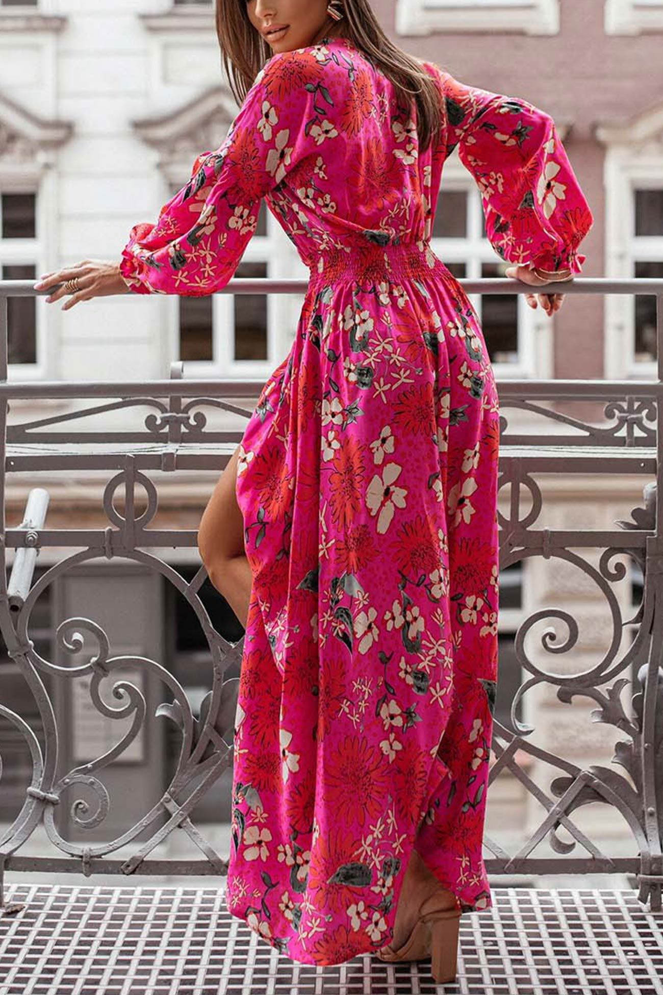 V Neck Floral Print Puff Sleeve Slit Dress
