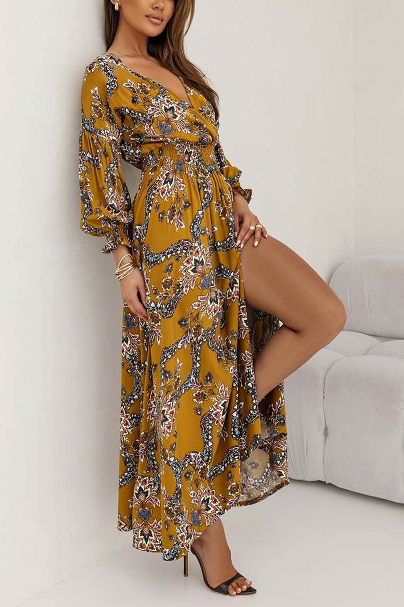 V Neck Floral Print Puff Sleeve Slit Dress