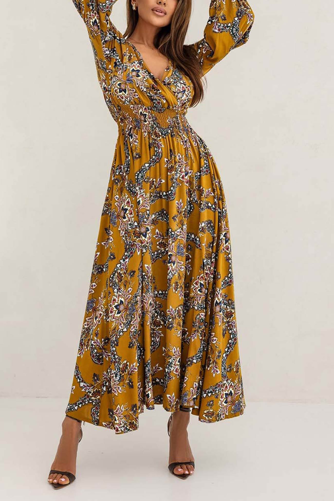 V Neck Floral Print Puff Sleeve Slit Dress