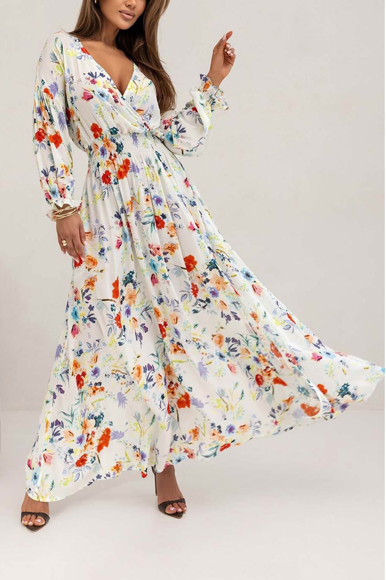 V Neck Floral Print Puff Sleeve Slit Dress