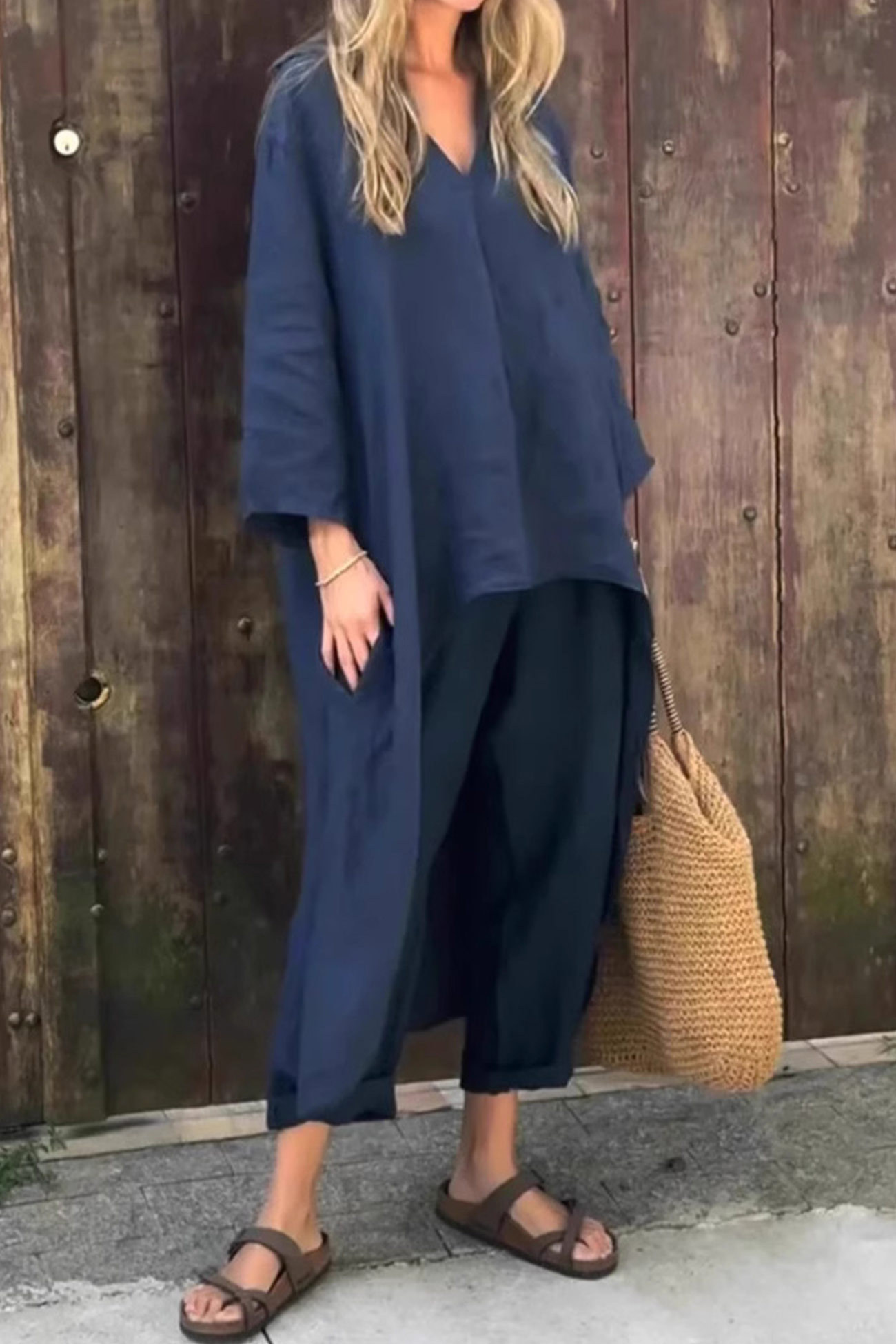 V Neck High Low Shirt Pants Set