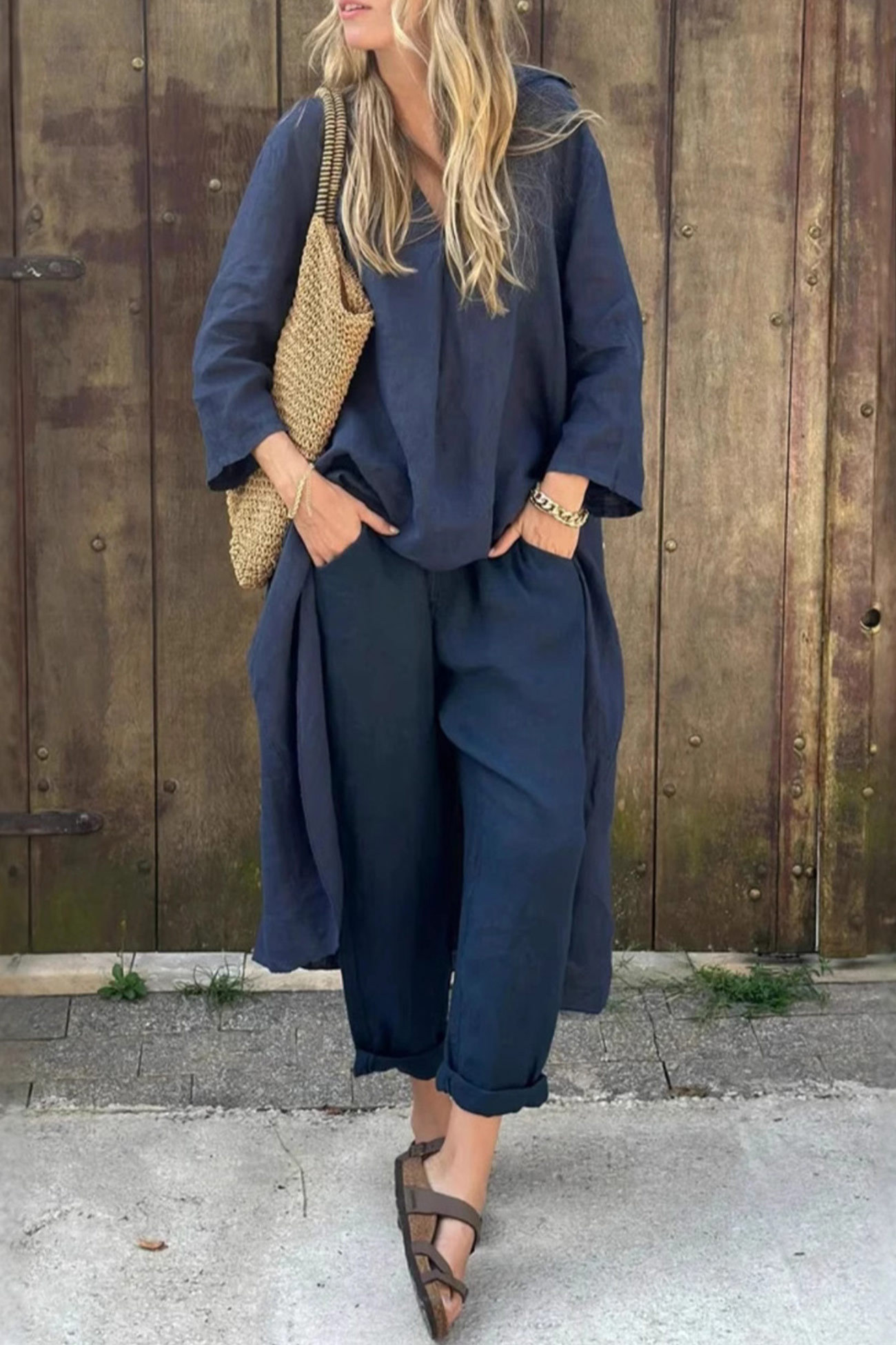 V Neck High Low Shirt Pants Set