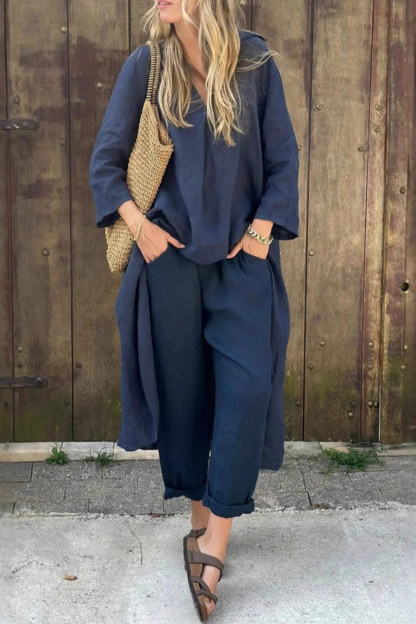 V Neck High Low Shirt Pants Set