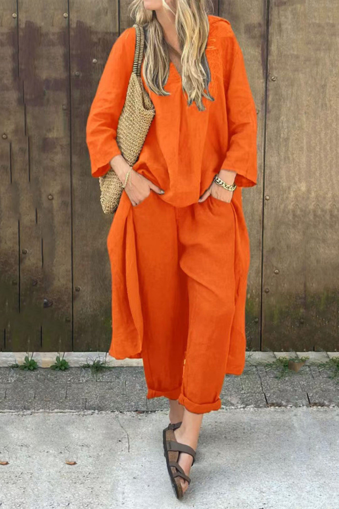 V Neck High Low Shirt Pants Set