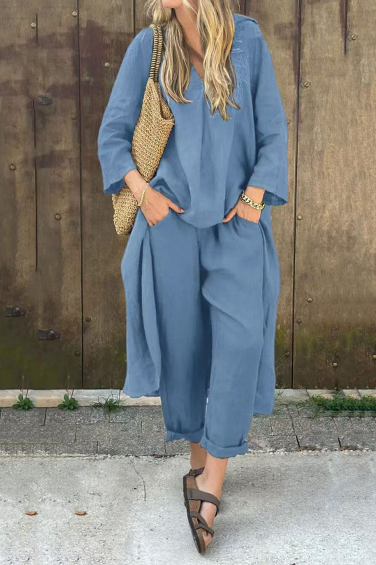 V Neck High Low Shirt Pants Set