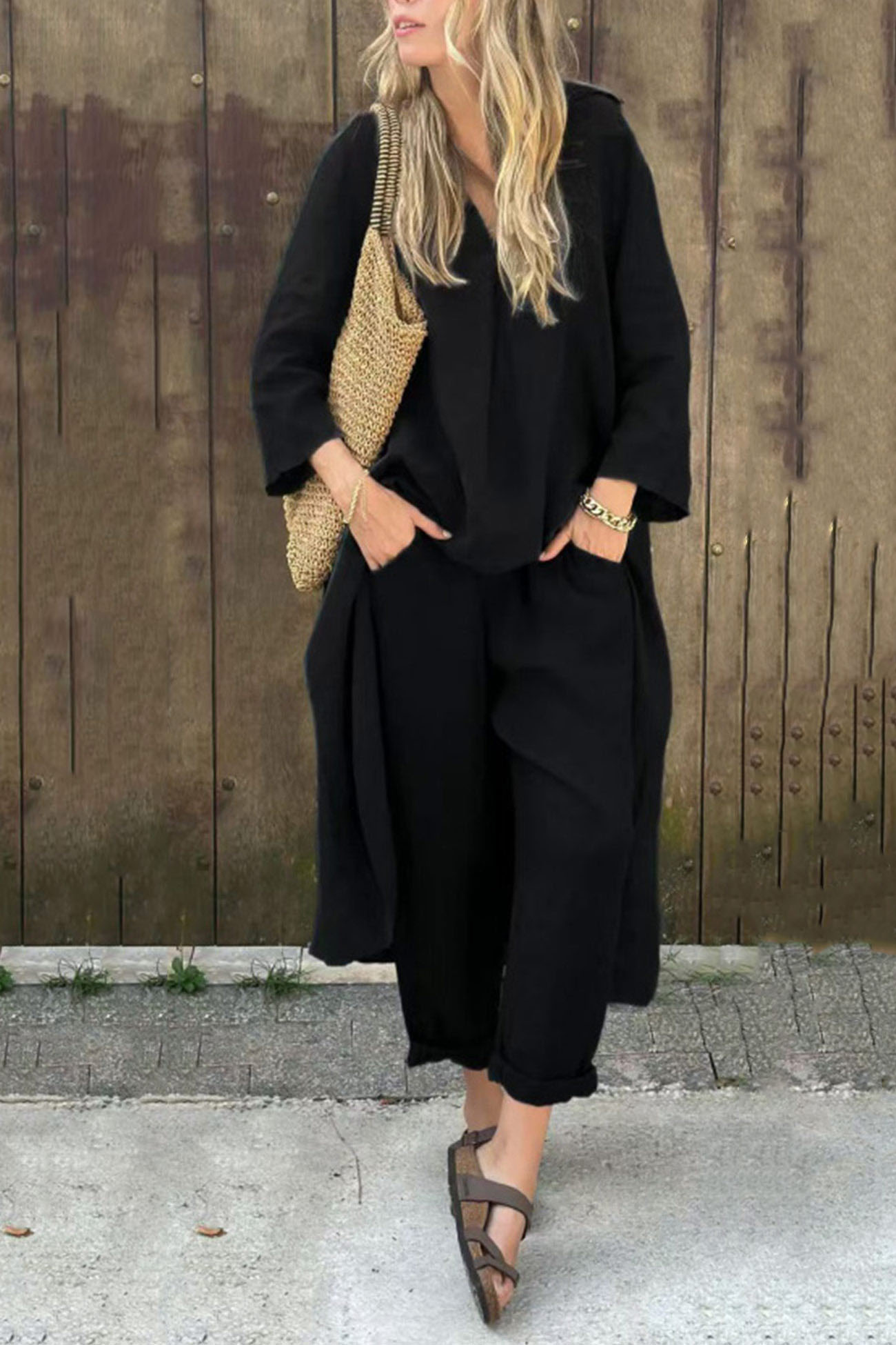 V Neck High Low Shirt Pants Set