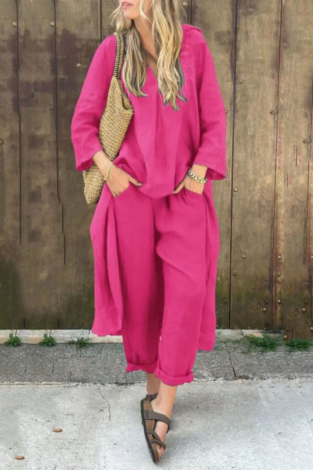 V Neck High Low Shirt Pants Set