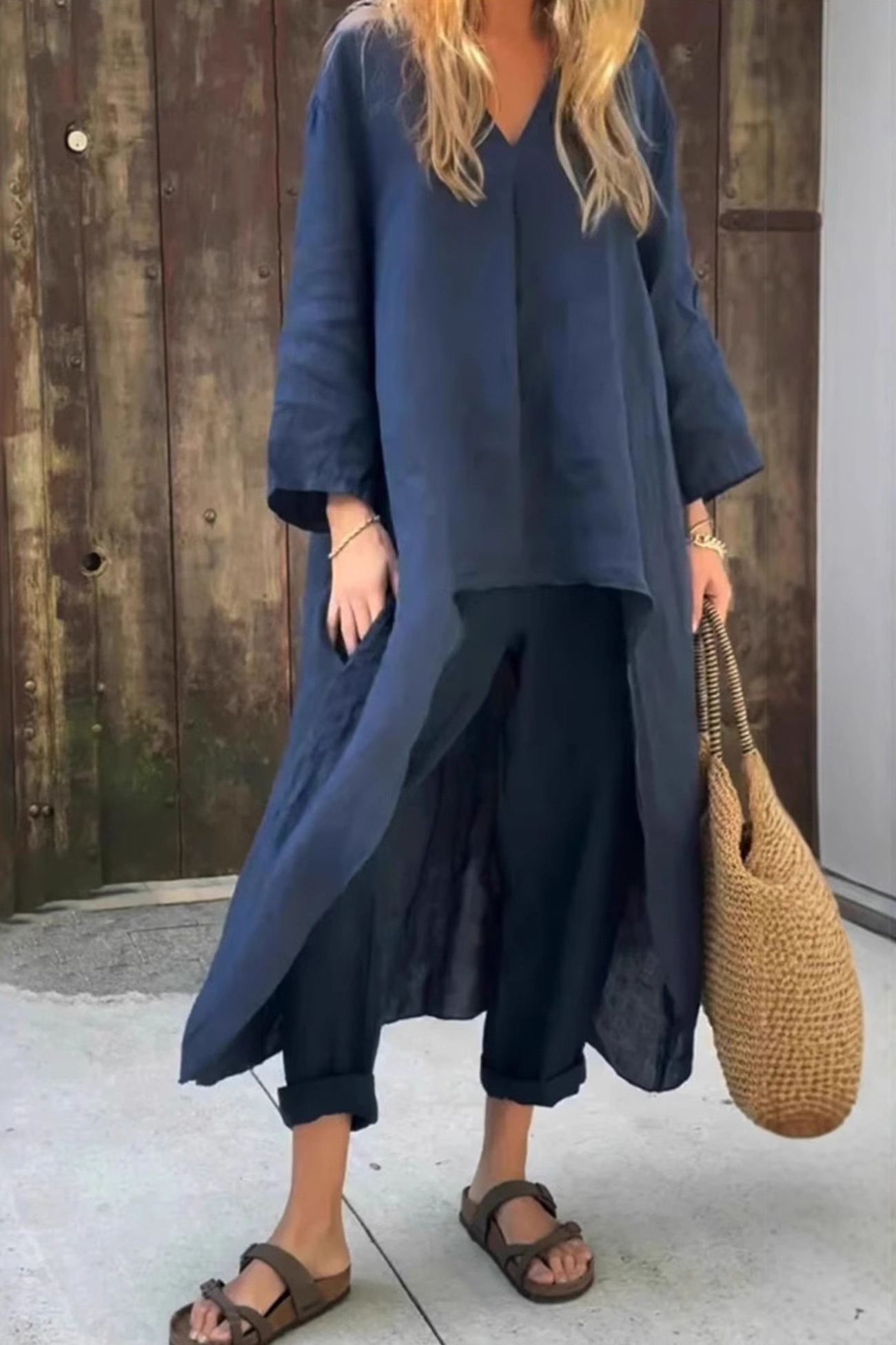V Neck High Low Shirt Pants Set