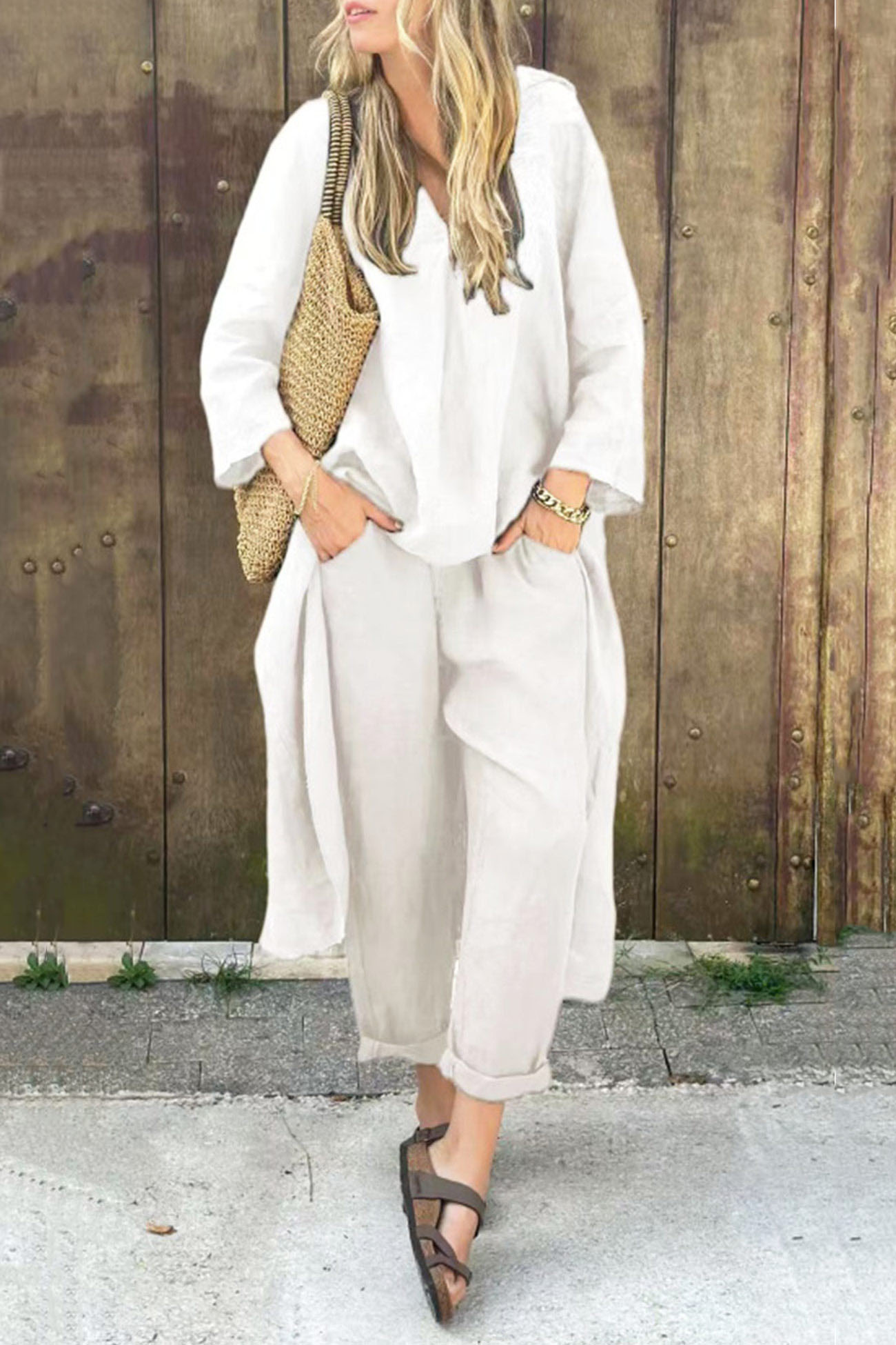 V Neck High Low Shirt Pants Set