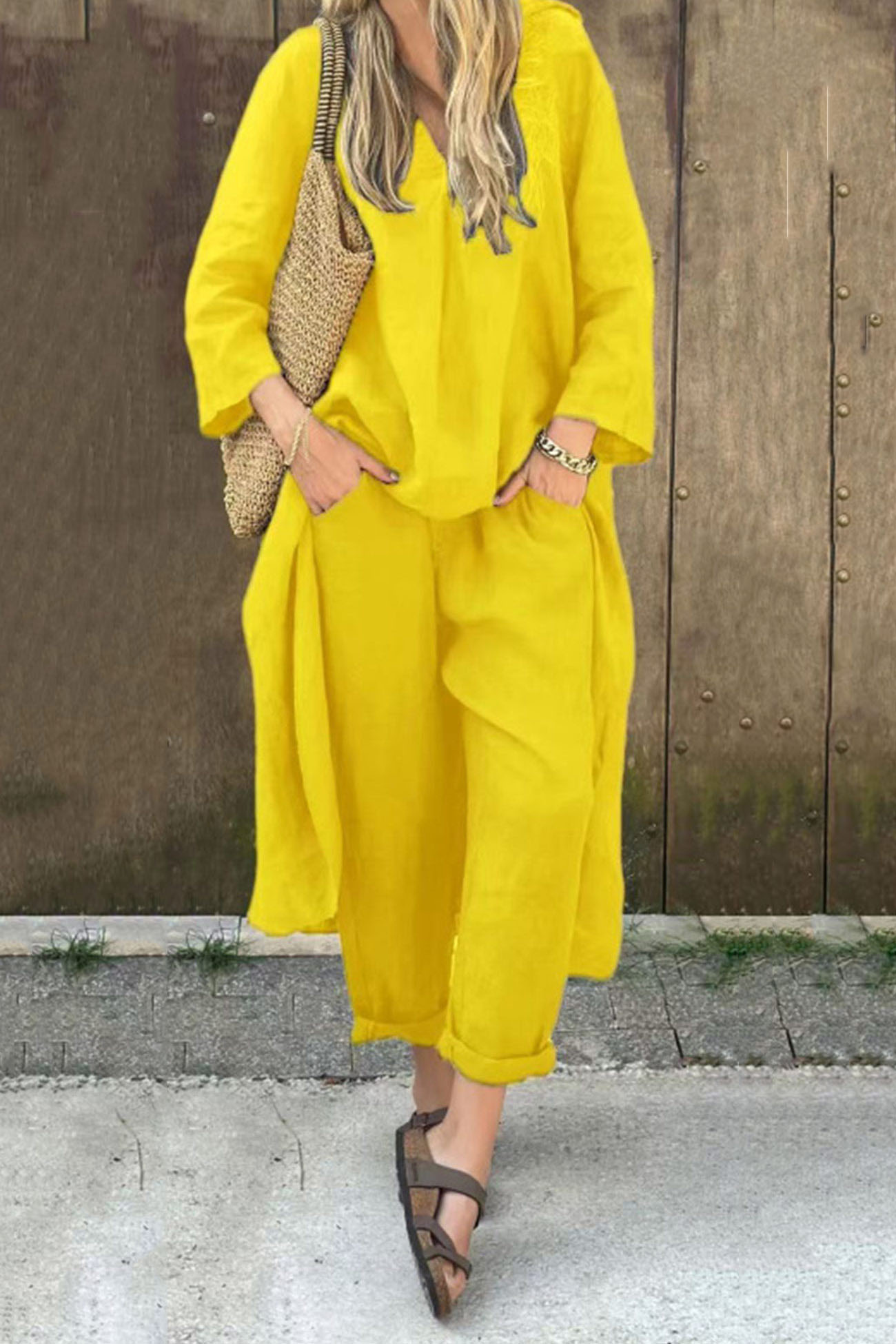 V Neck High Low Shirt Pants Set