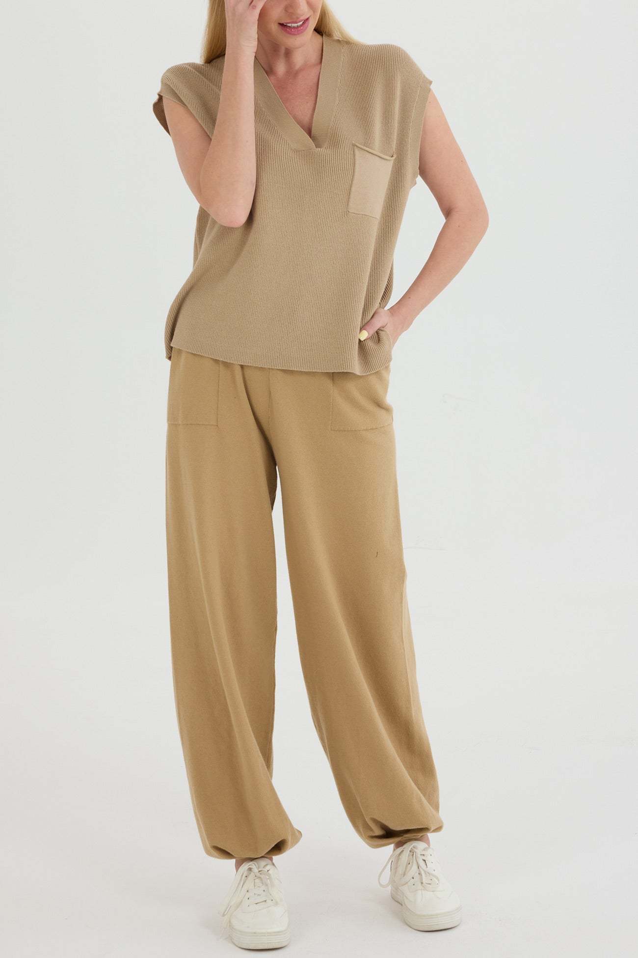 V Neck Knit Tank Top Sweatpants Suits