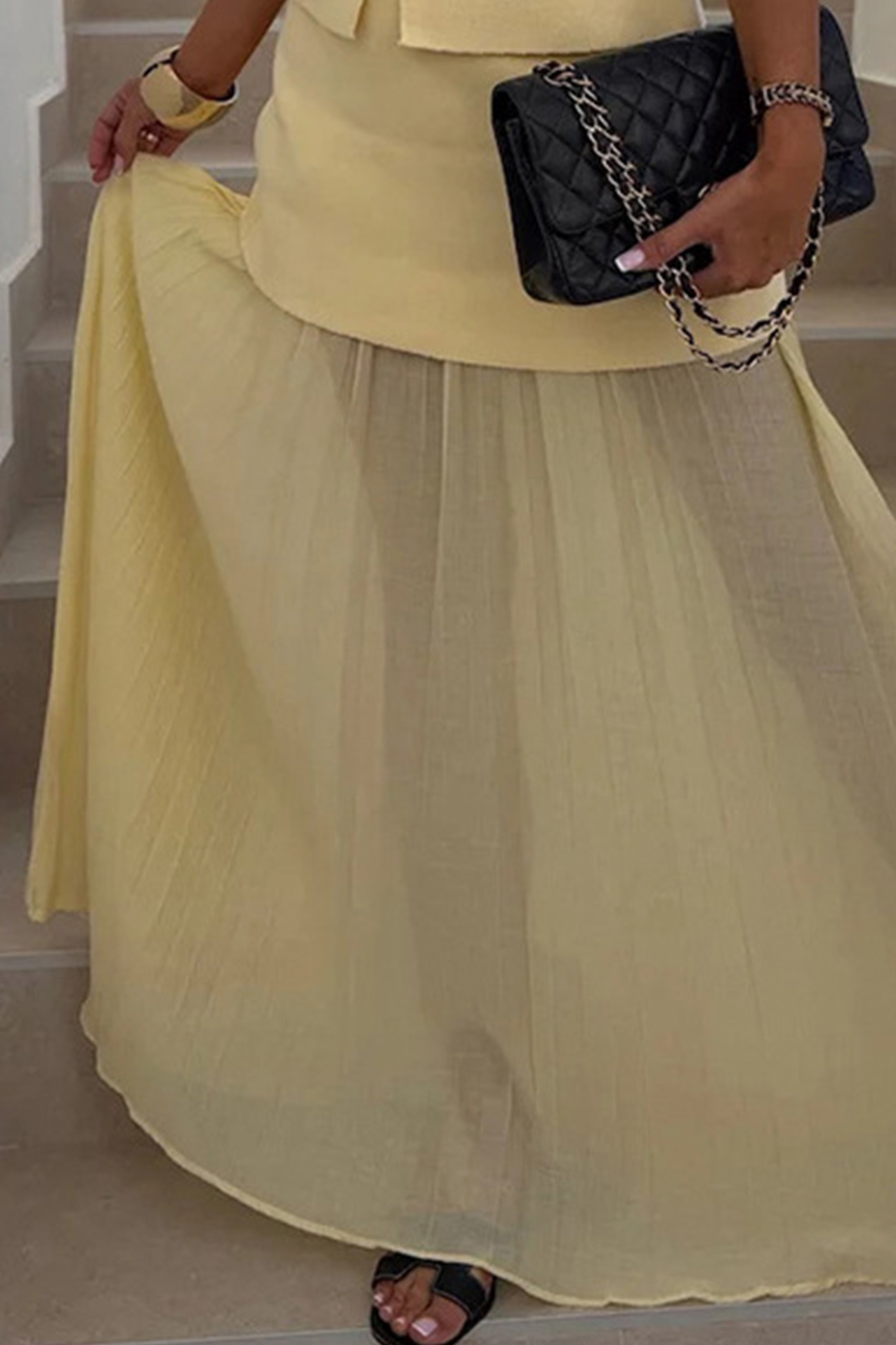 V Neck Knit Tank Top Patchwork Pleated Skirt Set
