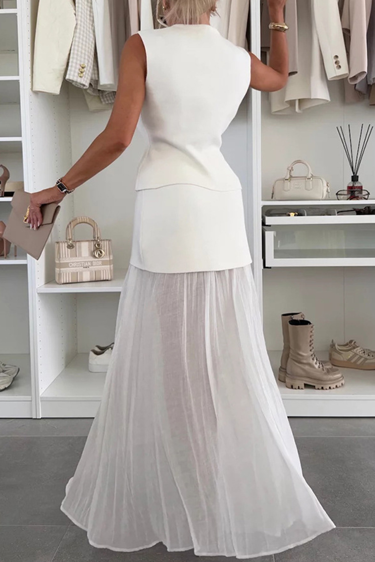V Neck Knit Tank Top Patchwork Pleated Skirt Set
