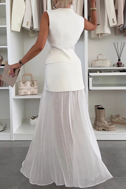 V Neck Knit Tank Top Patchwork Pleated Skirt Set