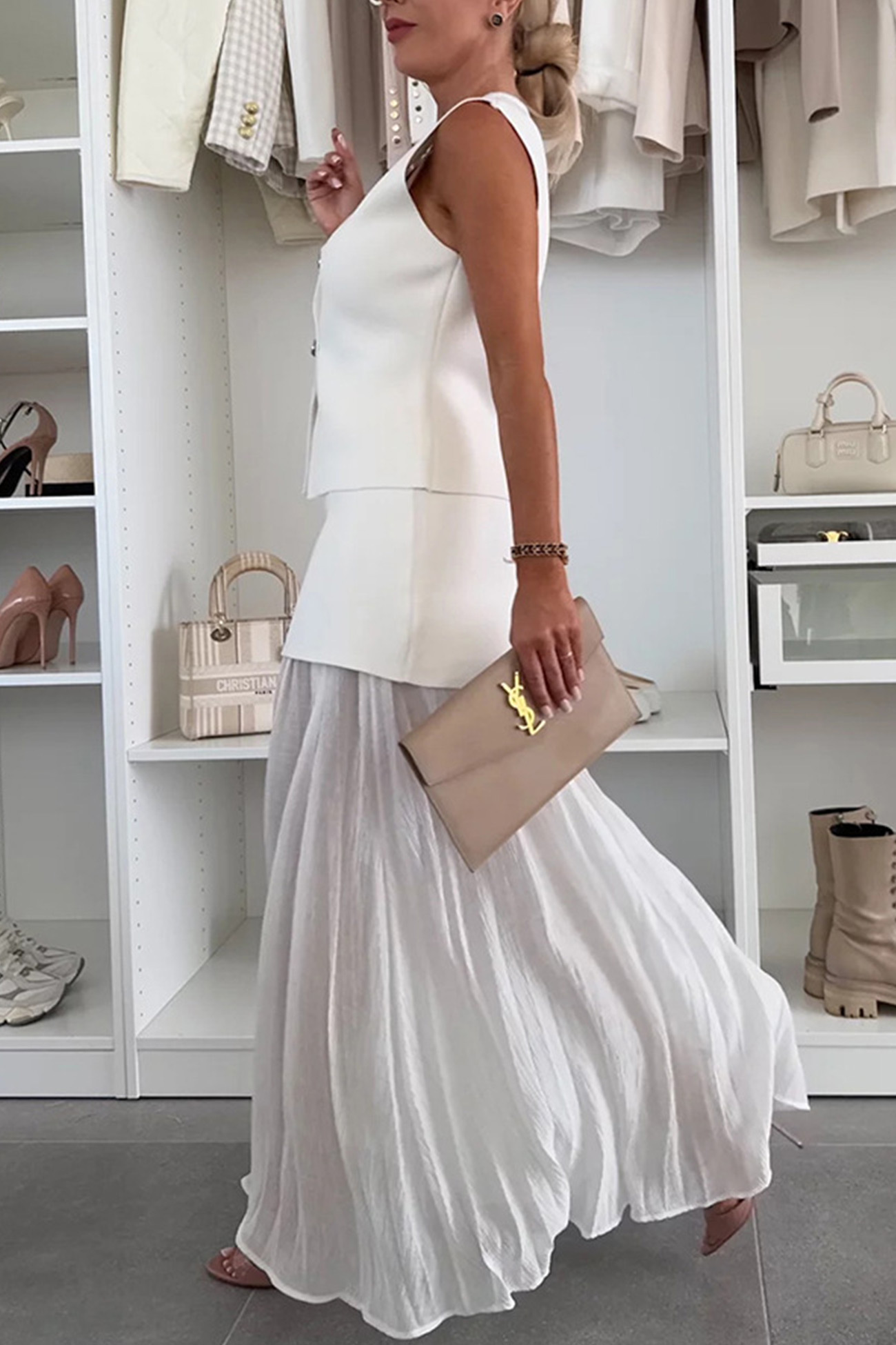 V Neck Knit Tank Top Patchwork Pleated Skirt Set