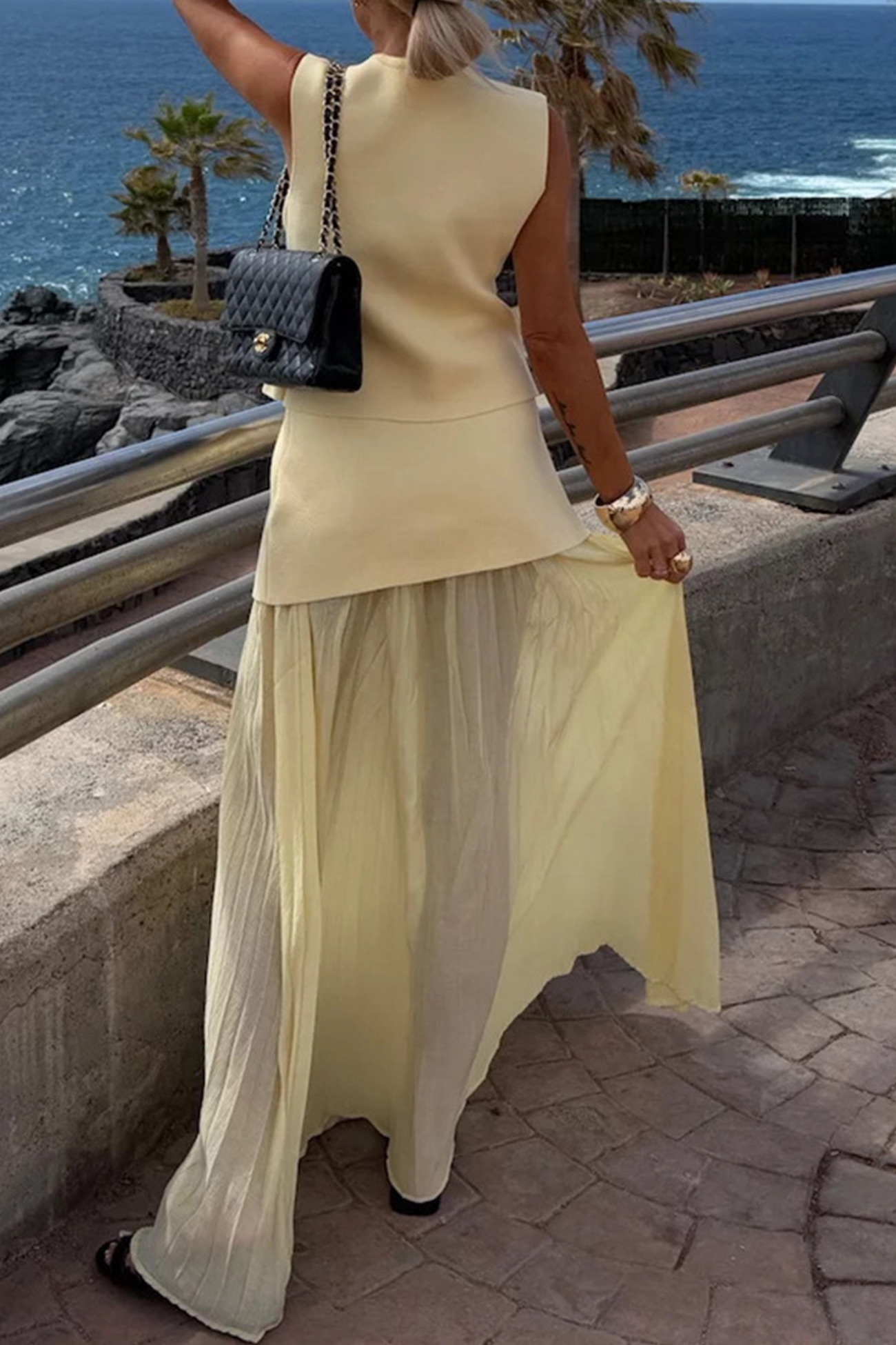 V Neck Knit Tank Top Patchwork Pleated Skirt Set