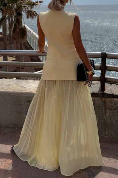 V Neck Knit Tank Top Patchwork Pleated Skirt Set