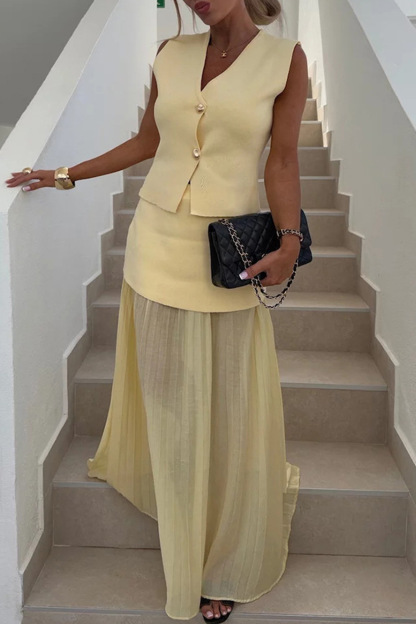 V Neck Knit Tank Top Patchwork Pleated Skirt Set
