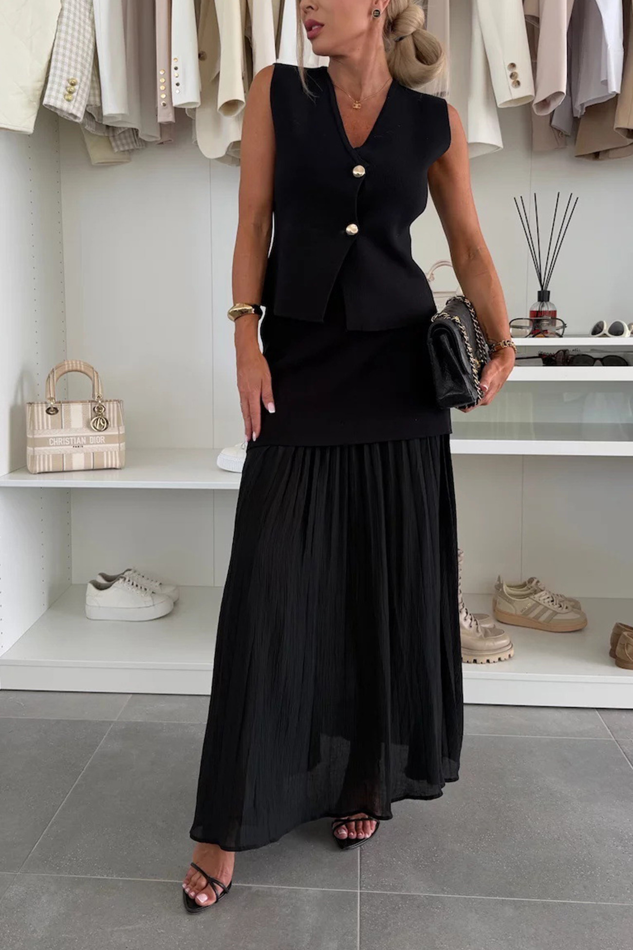 V Neck Knit Tank Top Patchwork Pleated Skirt Set