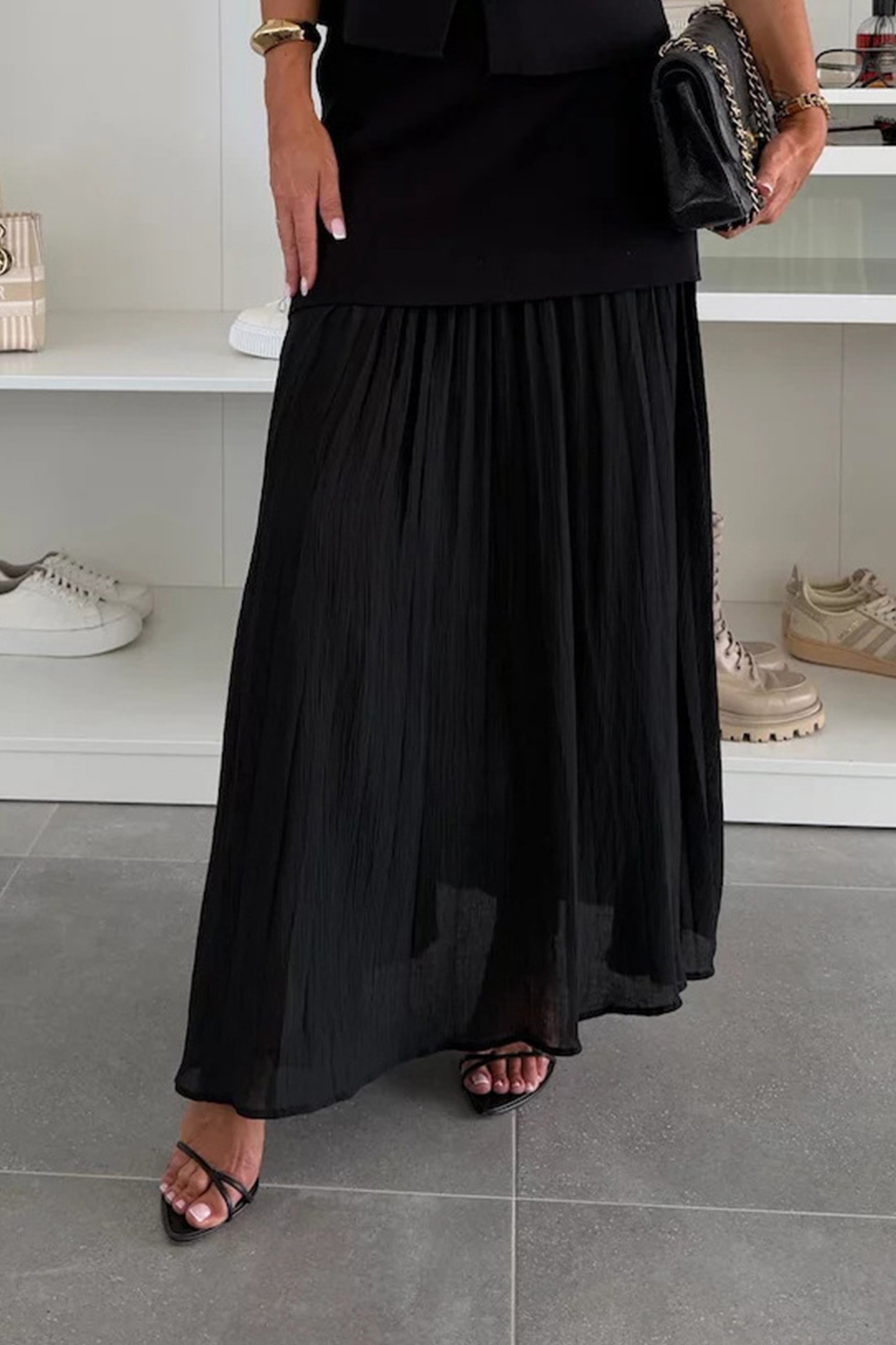 V Neck Knit Tank Top Patchwork Pleated Skirt Set